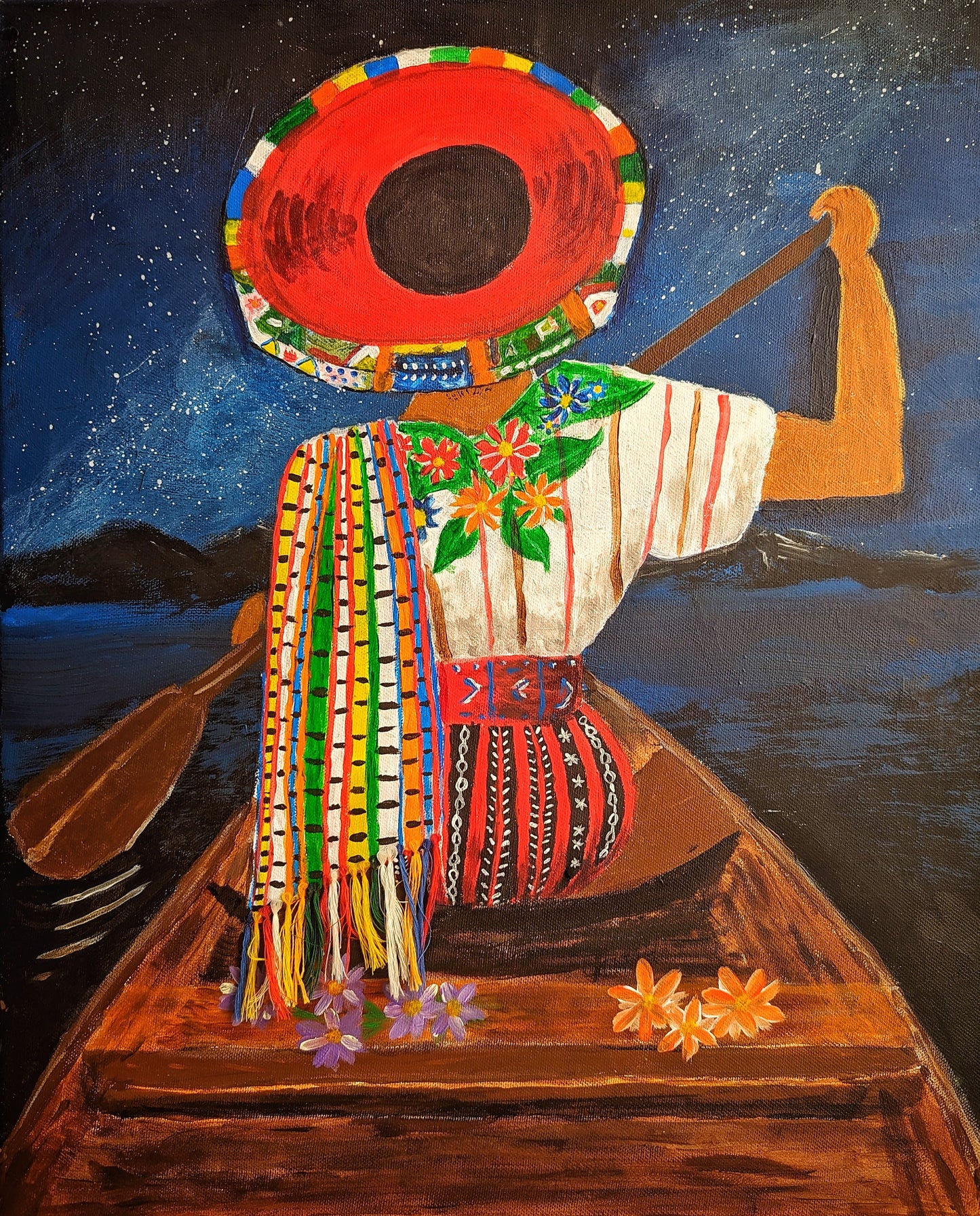 Traditional costume and lake scene Guatemala - Handmade painting, acrylic paint over canvas