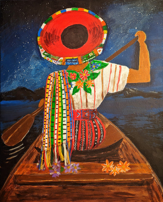 Traditional costume and lake scene Guatemala - Handmade painting, acrylic paint over canvas