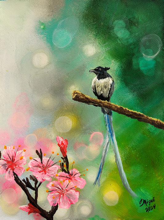 Asian Flycatcher Bird - Handmade painting, acrylic over canvas